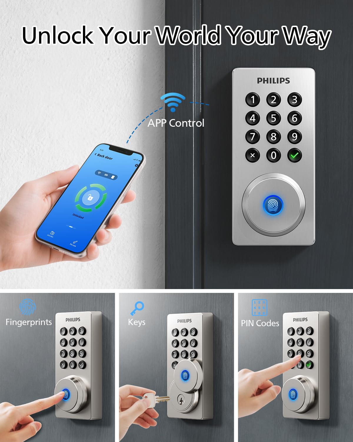 Philips Wi‑Fi door lock passcode entry pad for guest access.