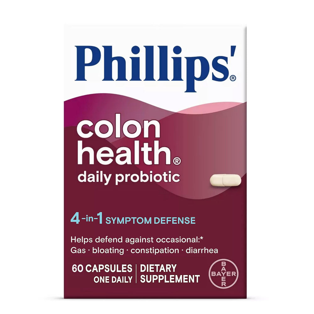 Phillips' Colon Health daily probiotic bottle promoting digestive balance and daily wellness
