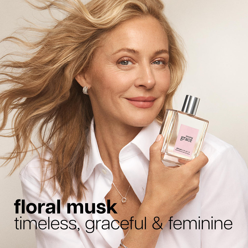 Philosophy Amazing Grace bottle closeup highlighting refined floral notes.