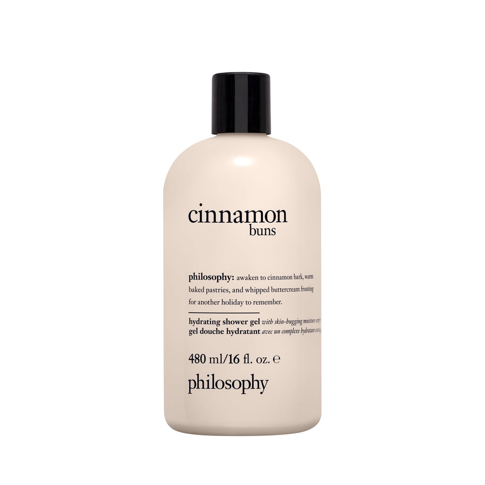Philosophy Cinnamon Bun Shampoo bottle highlighting fragrance and gentle cleansing.