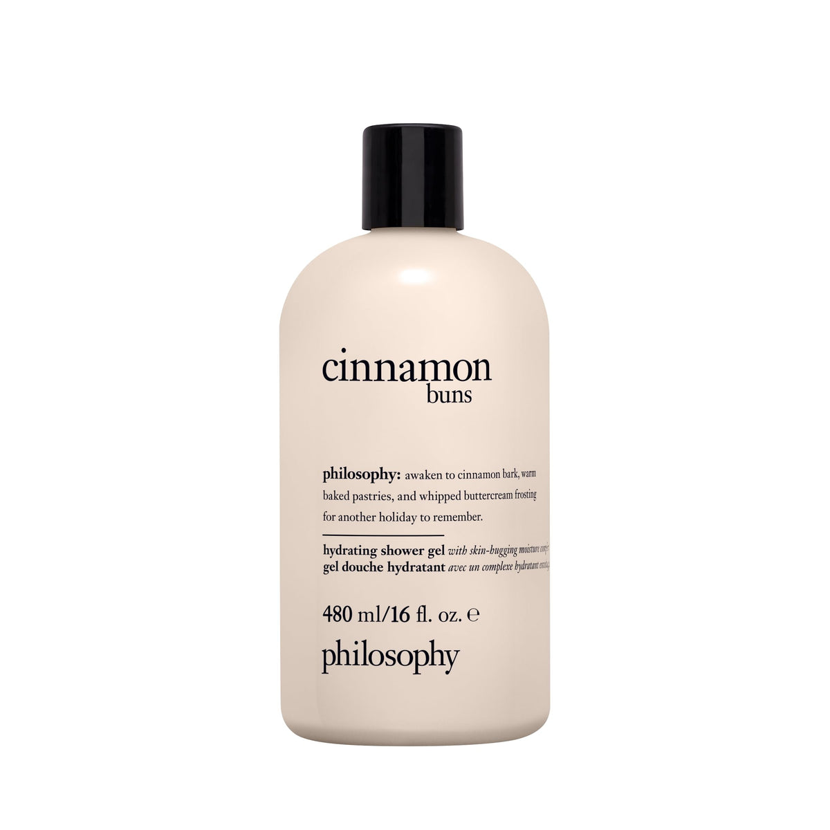 Philosophy Cinnamon Bun Shampoo bottle highlighting fragrance and gentle cleansing.