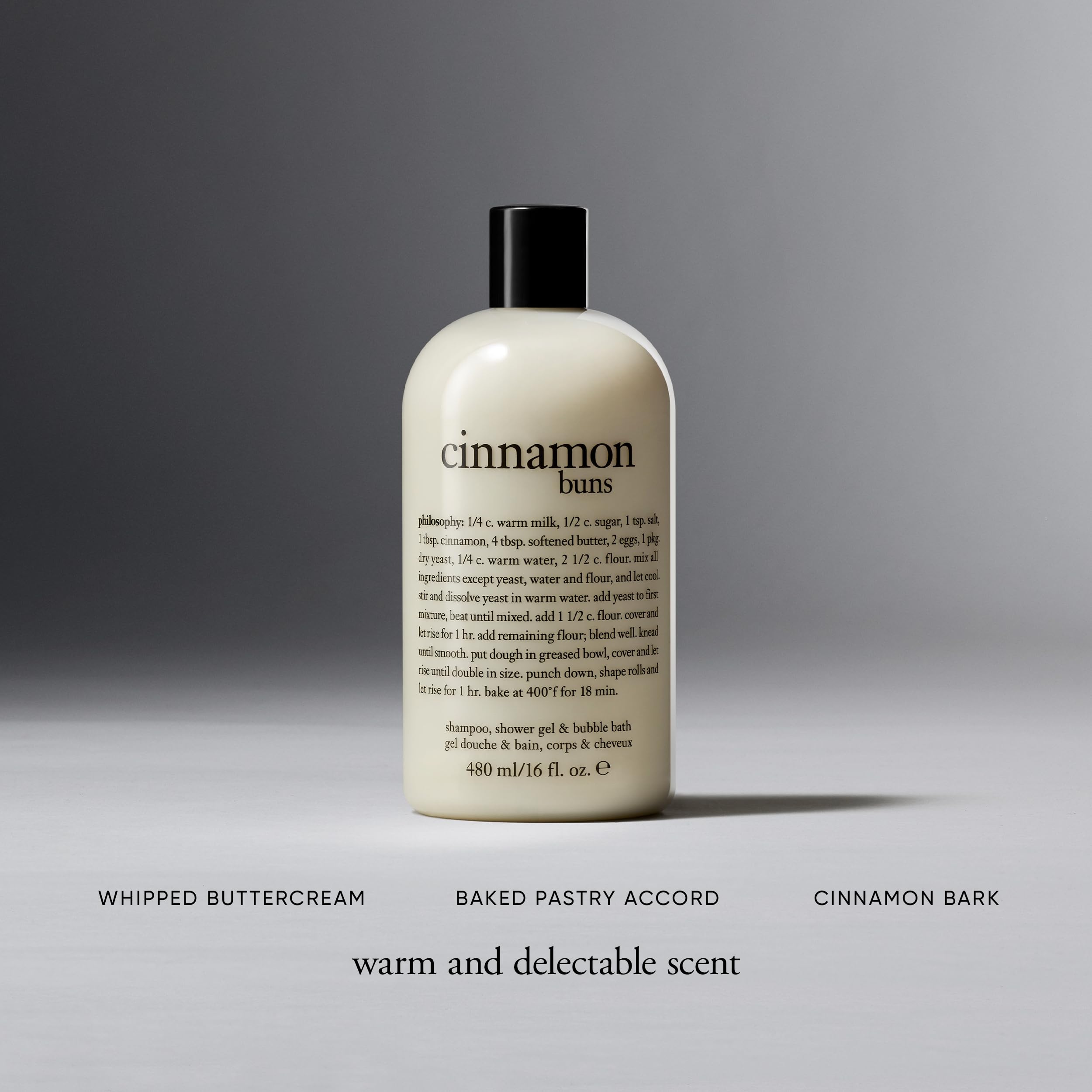 Philosophy Cinnamon Bun Shower Gel bottle highlights scent and multi-use cleansing.