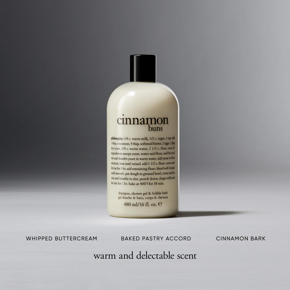 Philosophy Cinnamon Bun Shower Gel bottle highlights scent and multi-use cleansing.