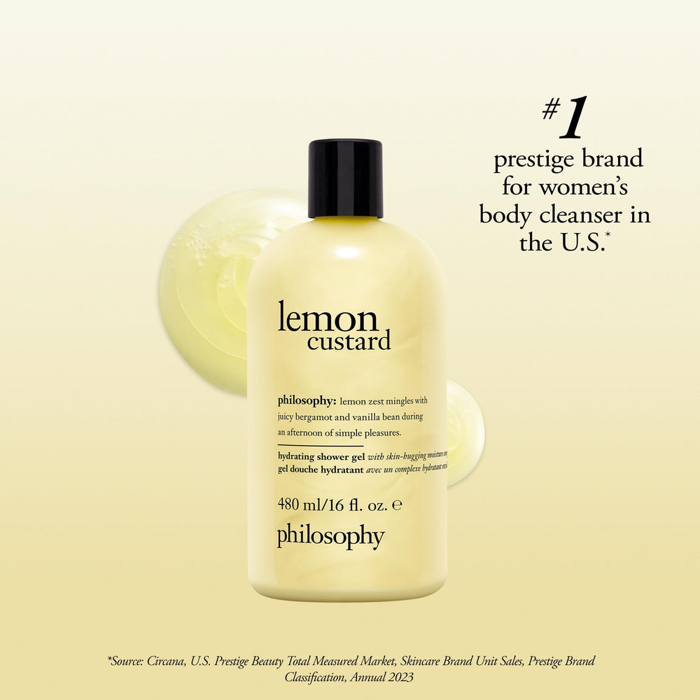 Philosophy Lemon Custard Shower Gel moisture barrier feature demonstrates gentle cleansing without film.