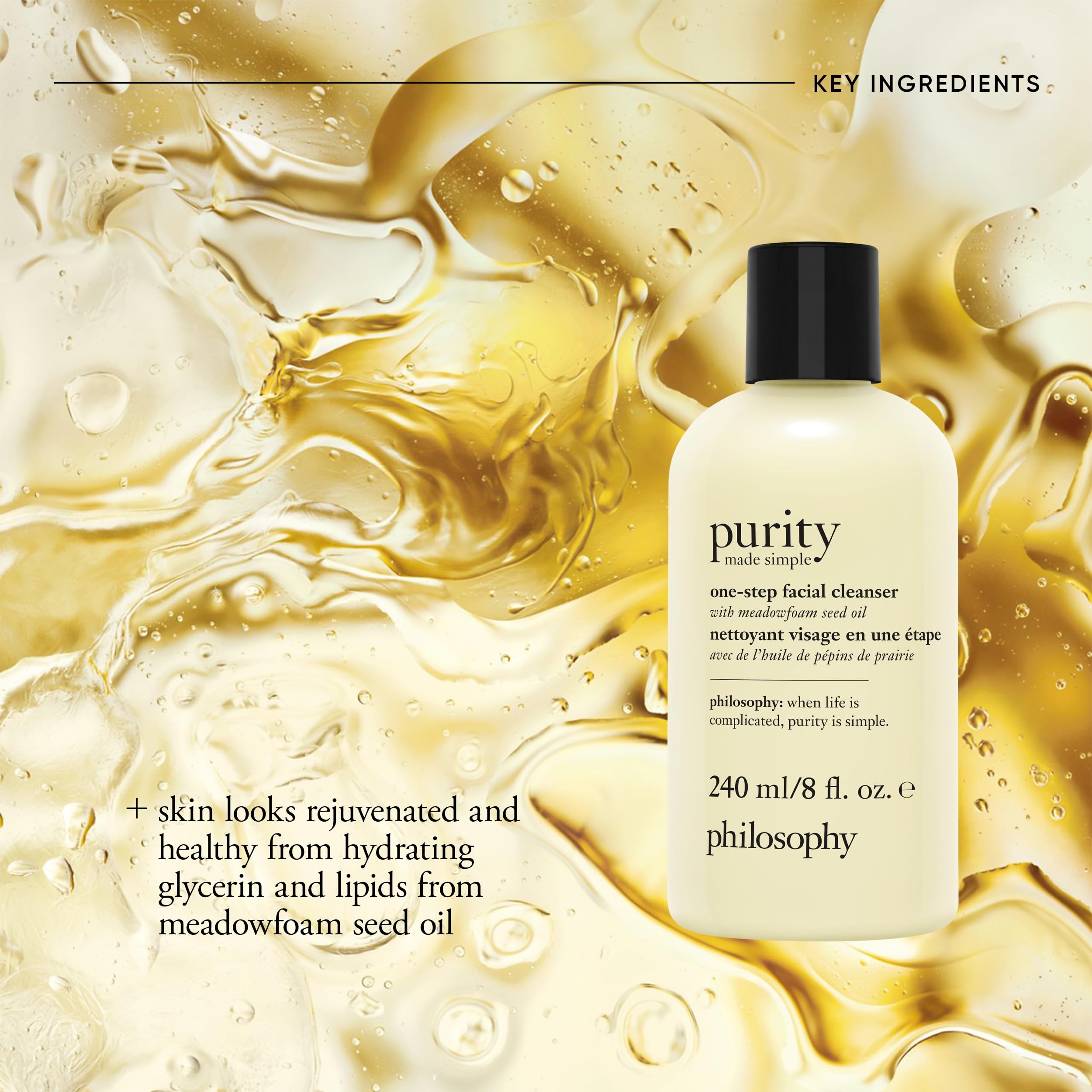 philosophy purity cleanser bottle with meadowfoam oil highlighting hydration