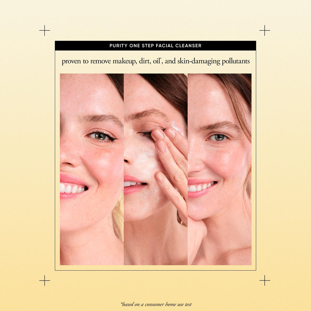 philosophy purity cleanser bottle resting on a mirror for daily routine