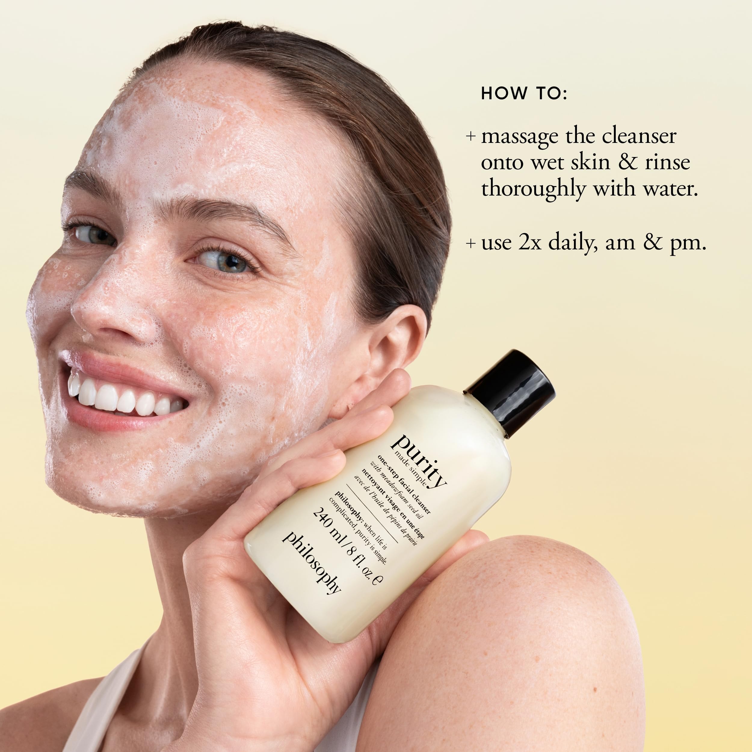 Creamy lather transitioning to delicate foam during cleansing with Philosophy Purity Made Simple