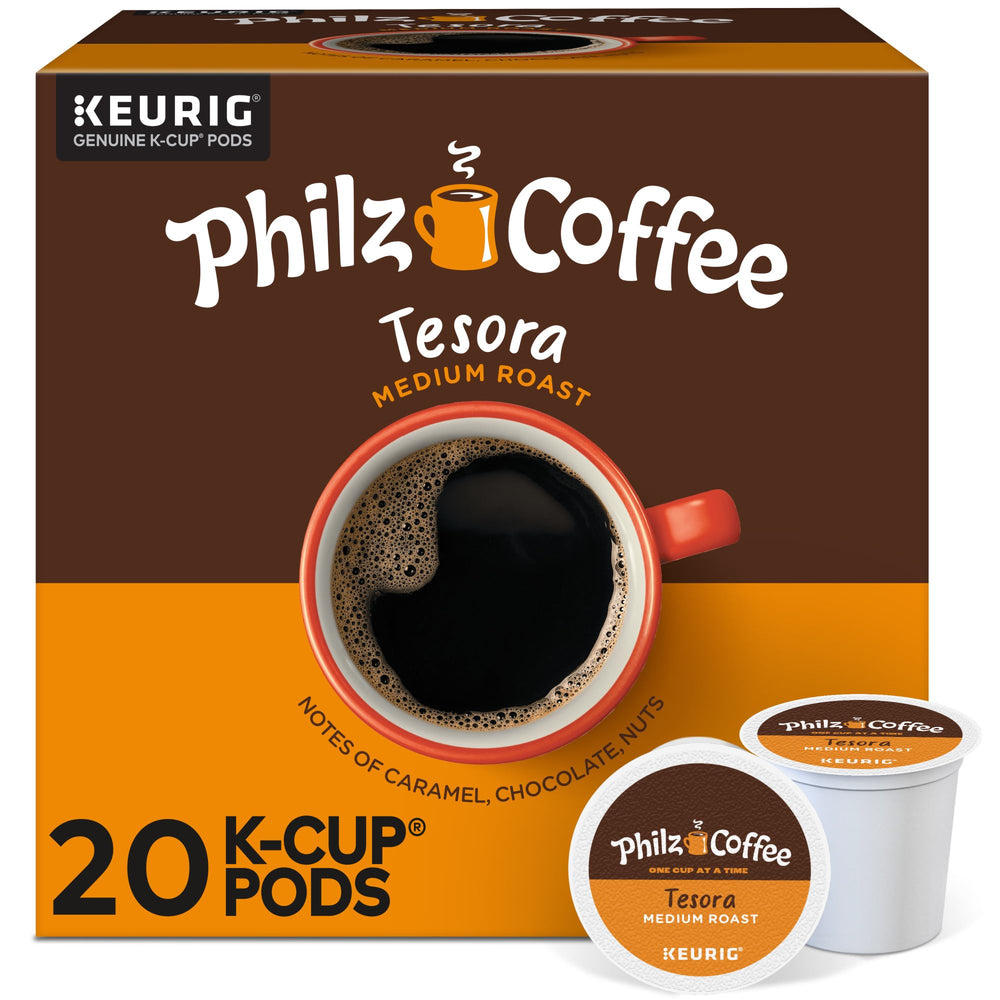 Philz Tesora K-Cup pod front view highlighting caramel chocolate nut notes for a comforting morning