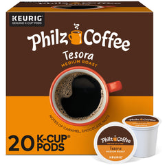 Philz Tesora K-Cup pod front view highlighting caramel chocolate nut notes for a comforting morning