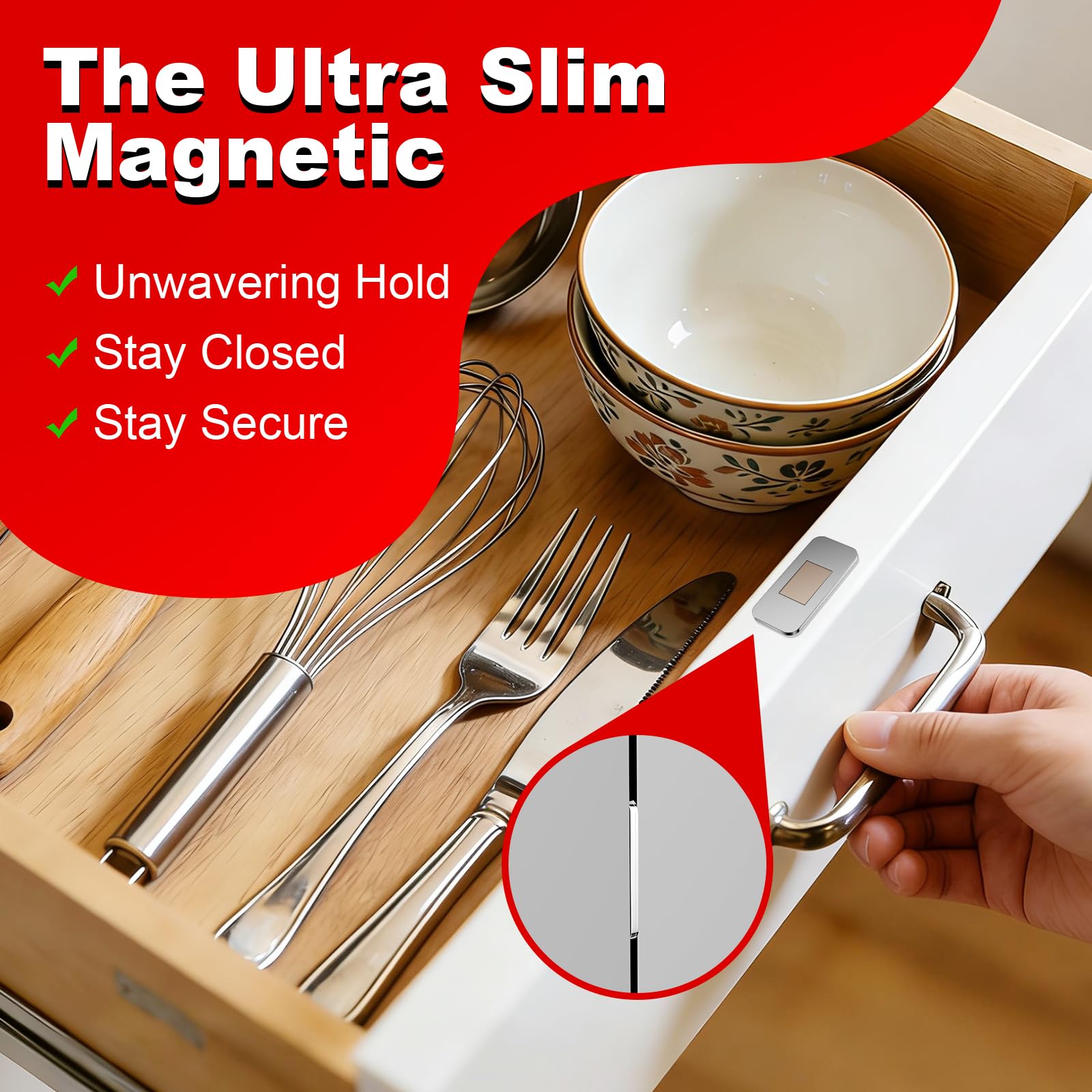 PHIXBEAR ultra-thin cabinet latch blends with modern cabinetry.