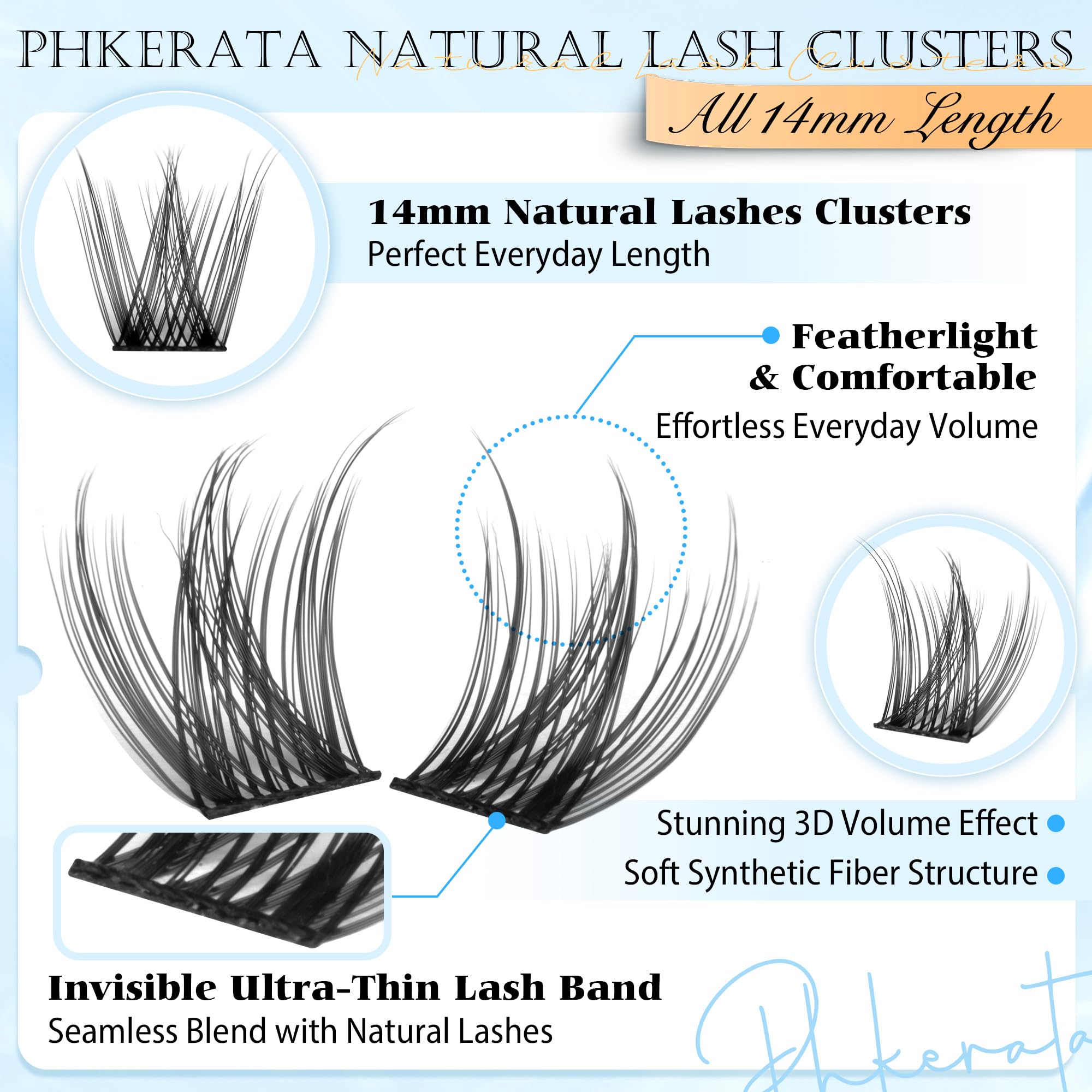 PHKERATA 14mm DIY cluster lashes with soft band for comfortable all-day wear.