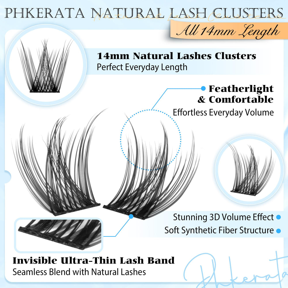 PHKERATA 14mm DIY cluster lashes with soft band for comfortable all-day wear.