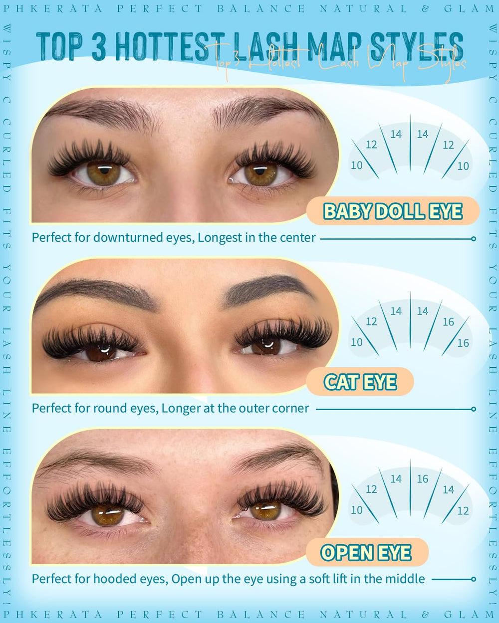 PHKERATA Flora Lash Clusters C-curve lift enhances natural eye opening.
