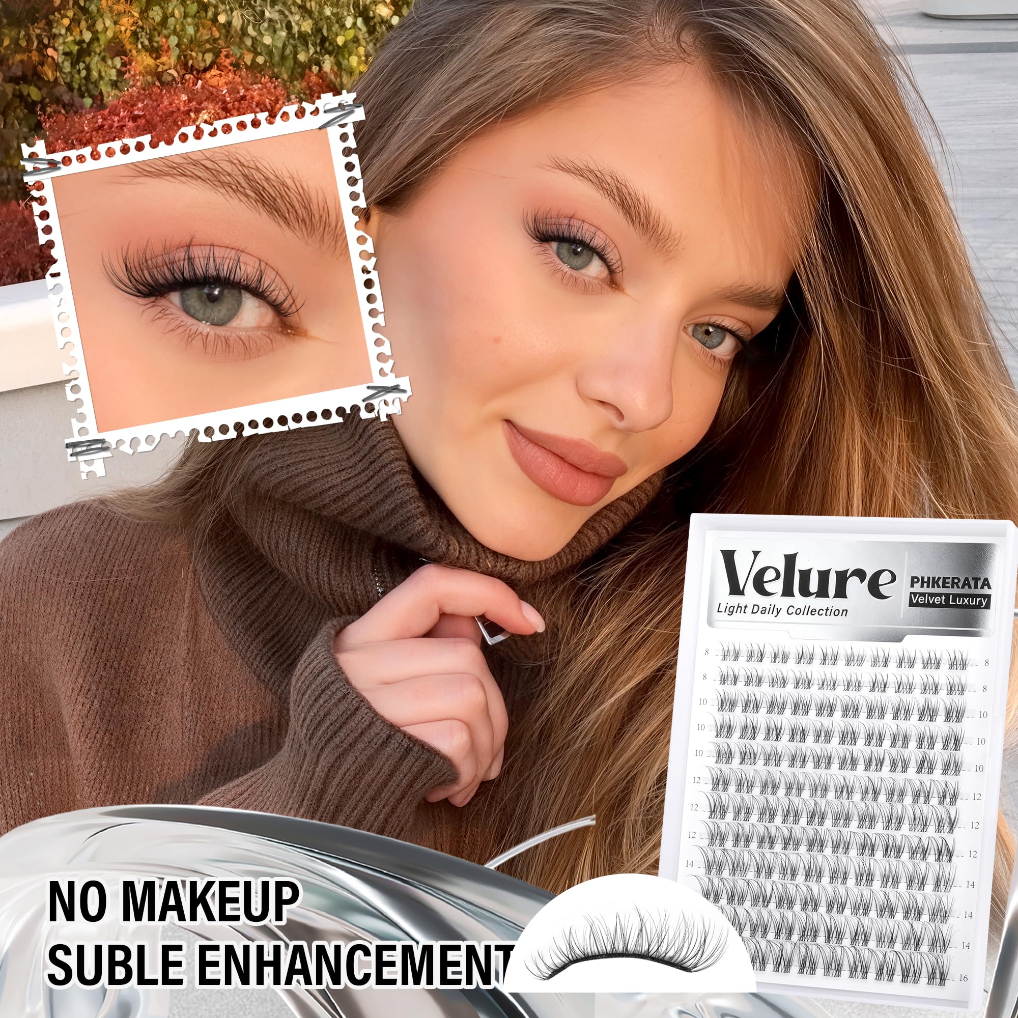PHKERATA Velure lash clusters in 8-16mm for versatile length and style.