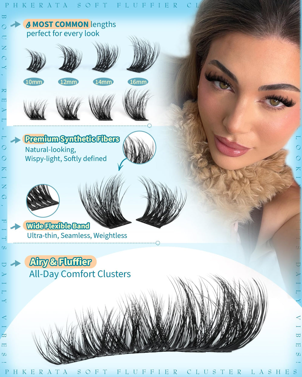 PHKERATA Wispy C-Curl Lashes demonstrate fluttery lift for daily wear.
