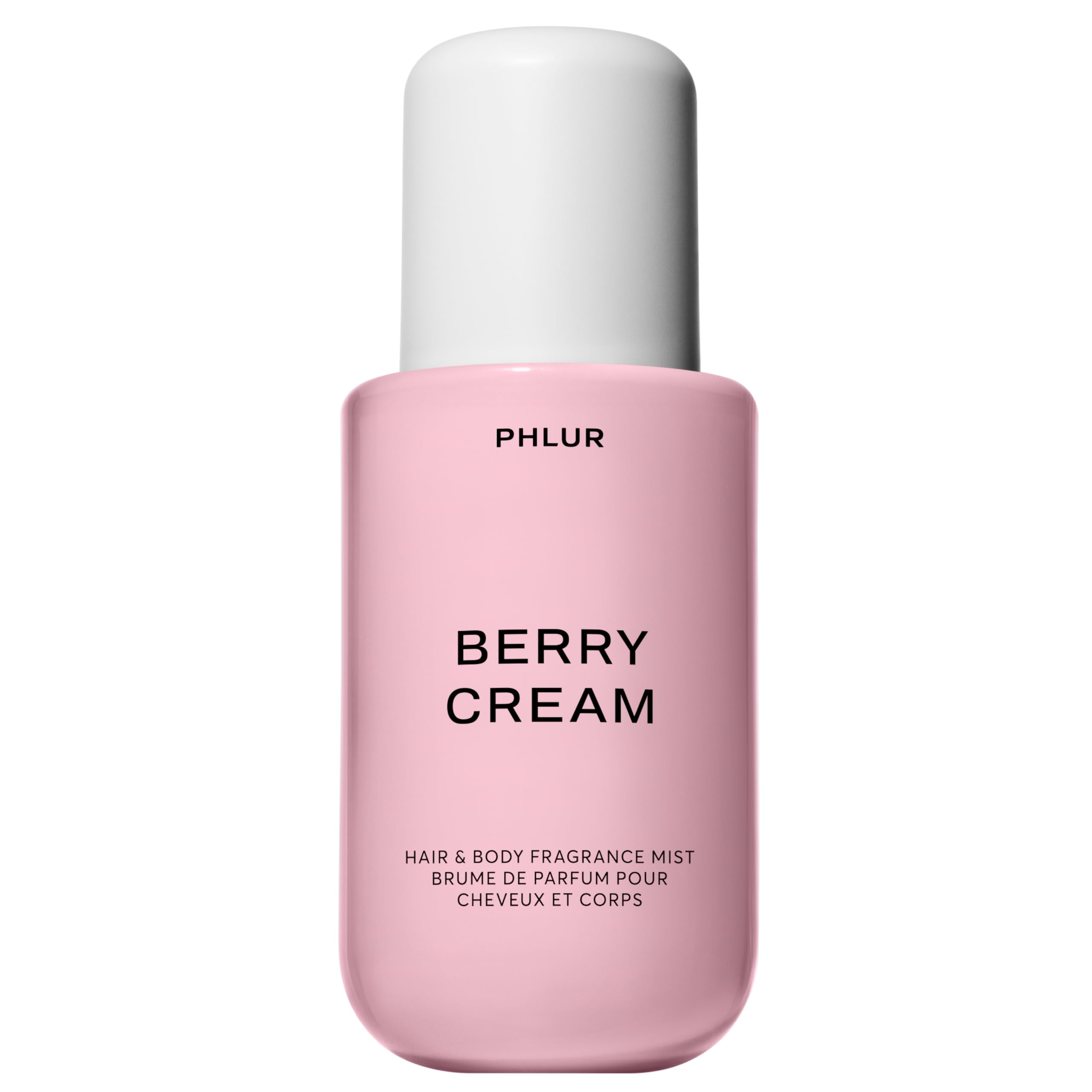 PHLUR Berry Cream Body Mist bottle highlights berry and vanilla for daily refreshment.