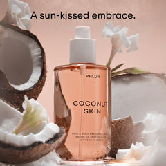 PHLUR Coconut Skin Body Mist spray action showing mist dispersion for daily wear.