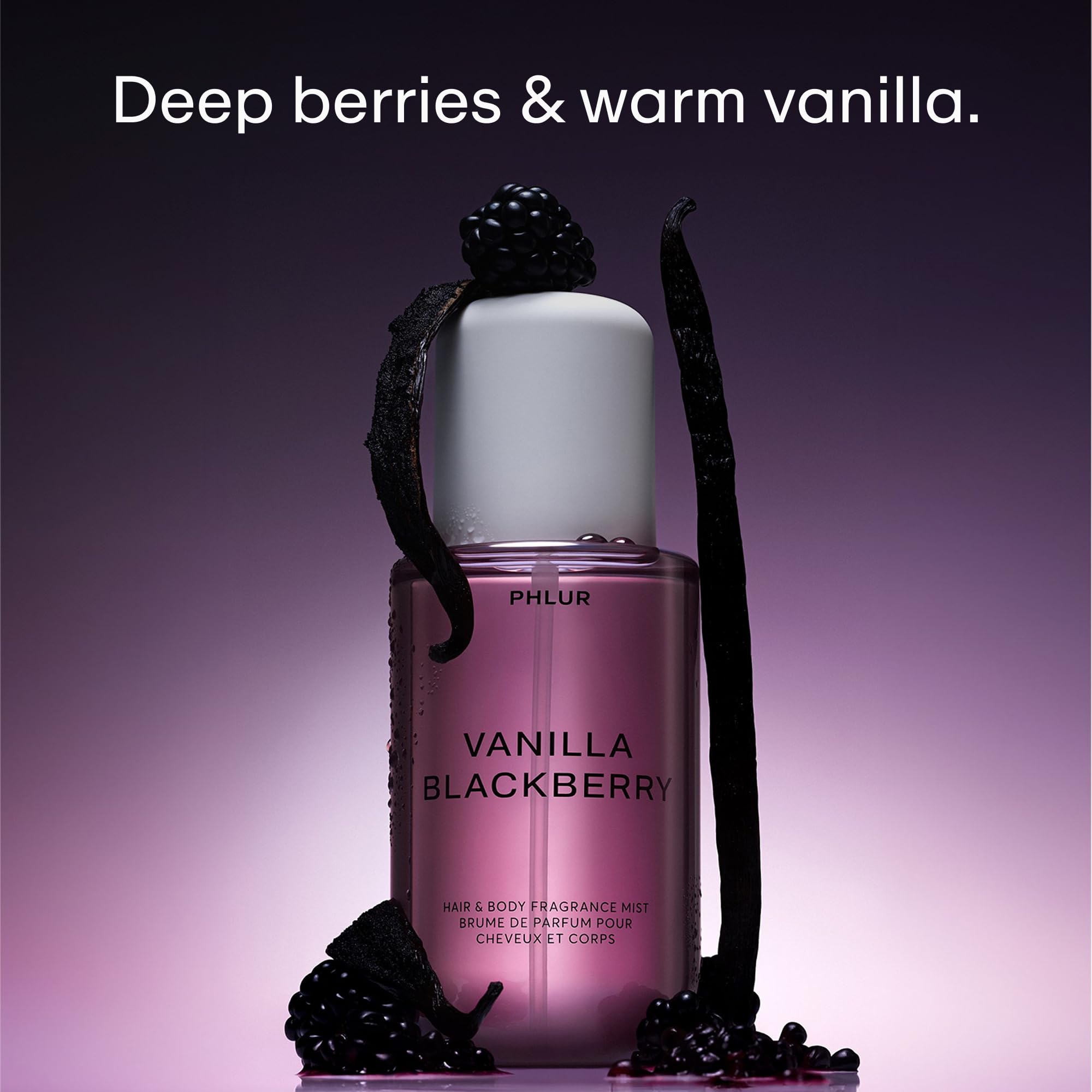 PHLUR Vanilla Blackberry Body Mist spray ready for quick refresh throughout the day.