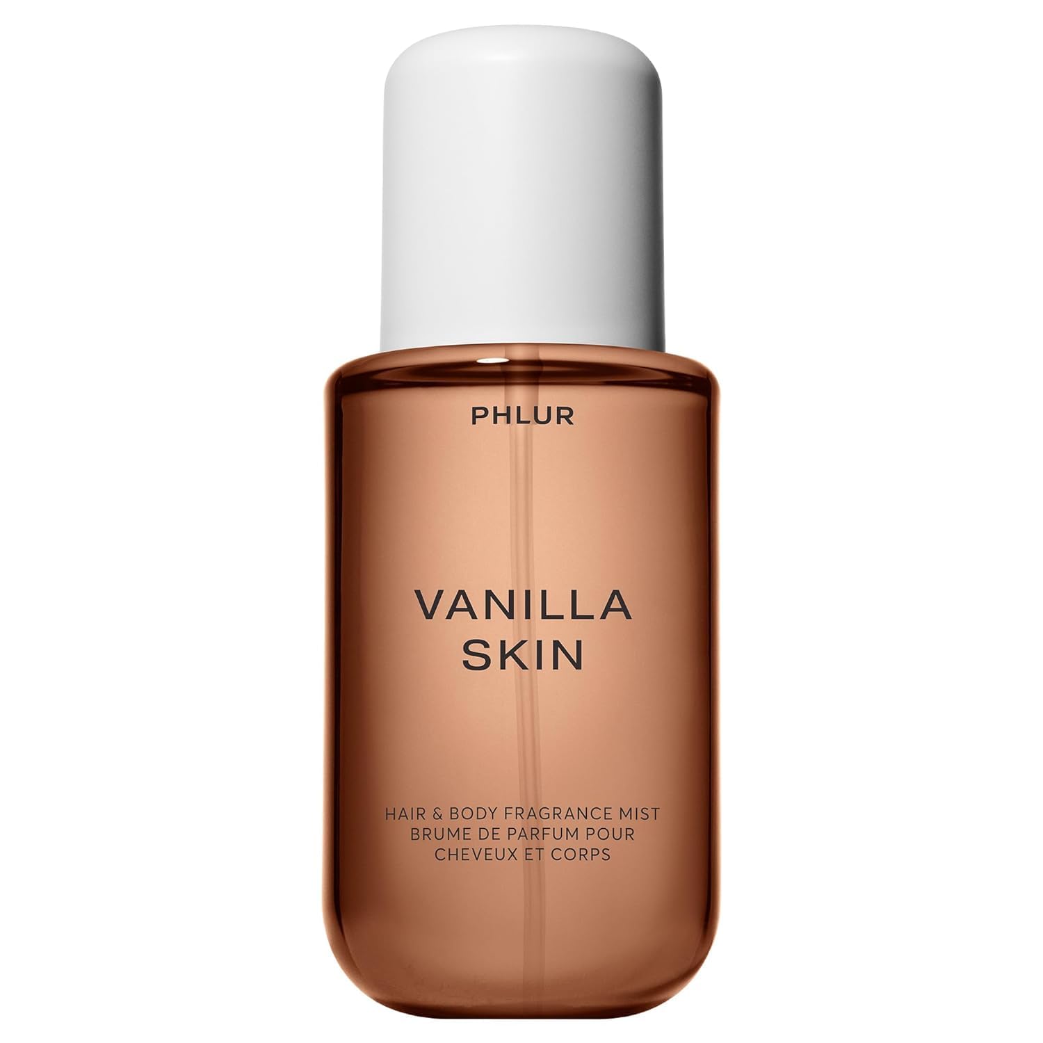 PHLUR Vanilla Skin Body Mist bottle pour demonstrates easy application.