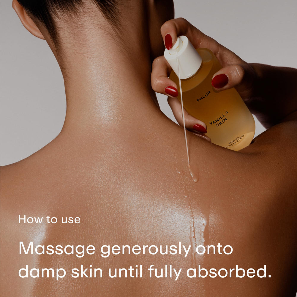PHLUR Vanilla Skin Body Oil packaging close-up signals premium fragrance layering