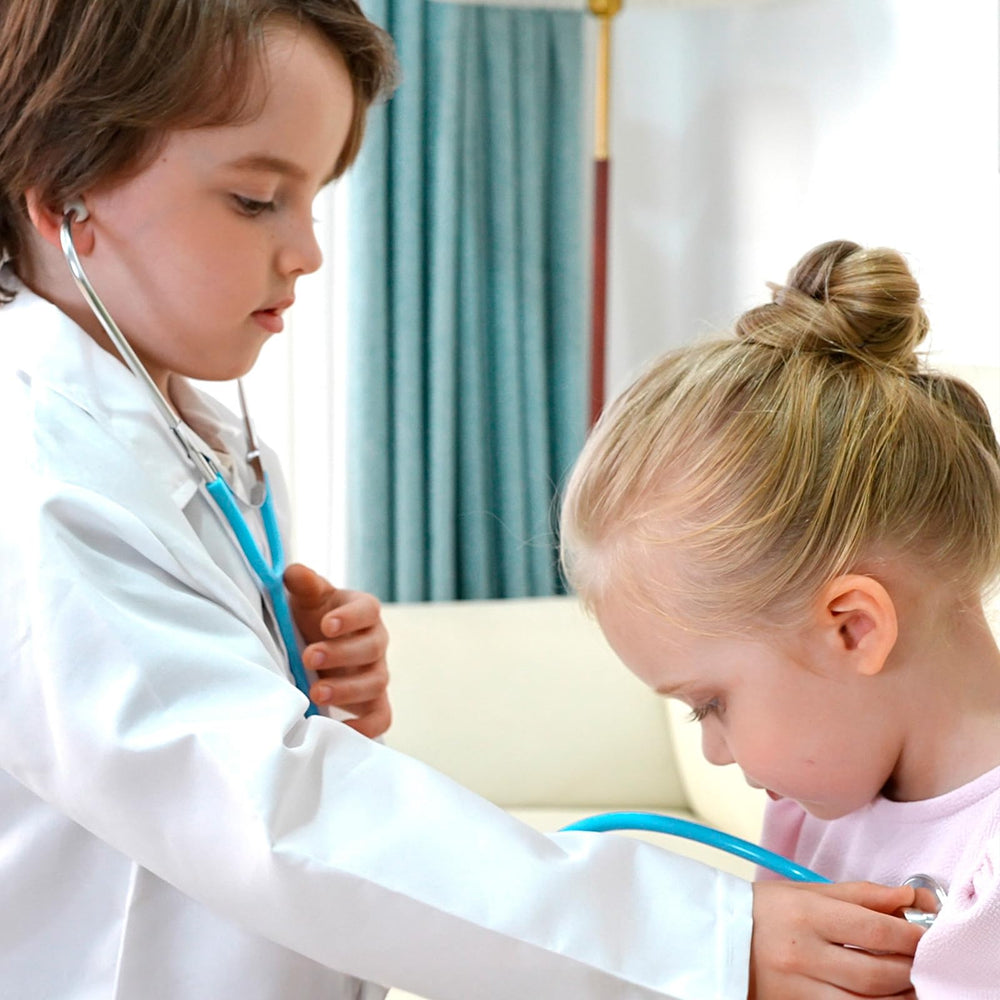Phobby stethoscope two-pack in use for cooperative pretend play.