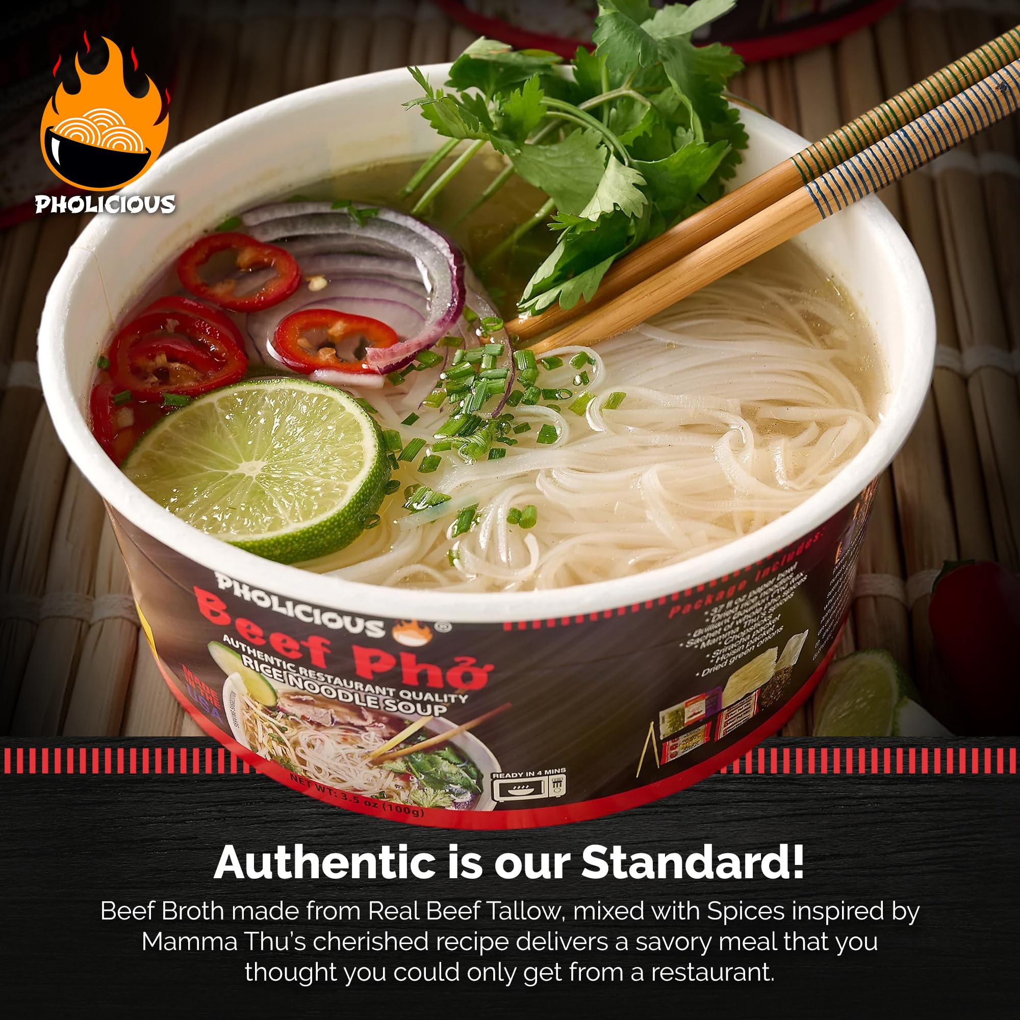 PhoLicious microwave-ready pho bowl illustrating instant, convenient meals