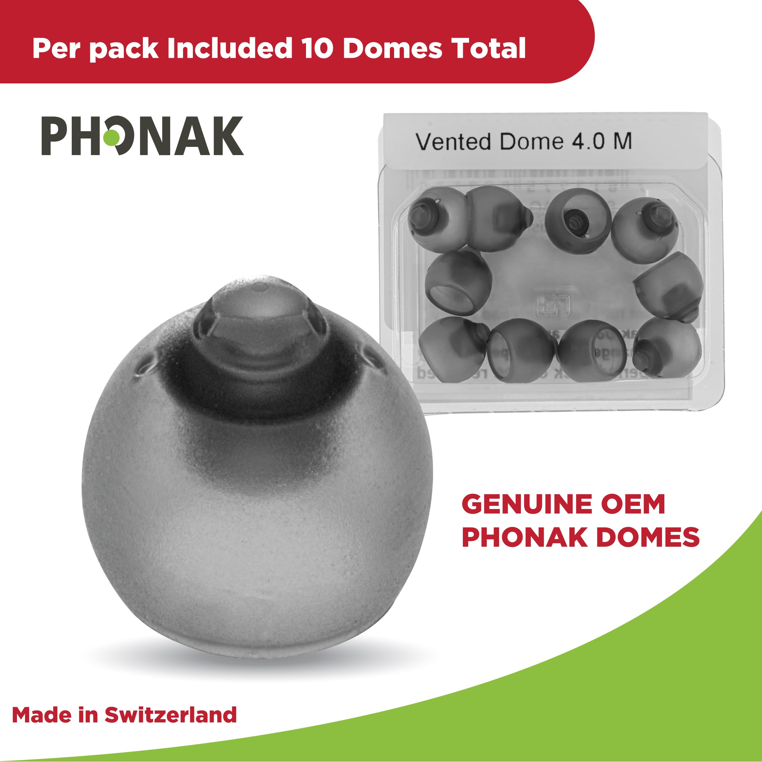 Close-up of genuine OEM Phonak dome highlighting vented design for comfort.
