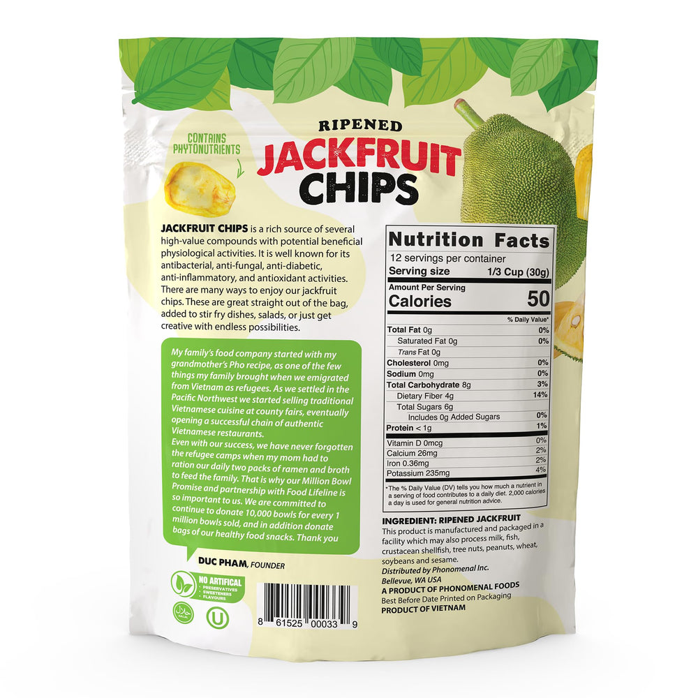 Pho'nomenal Jackfruit Chips close-up highlights golden crunch and fiber-rich snack appeal.
