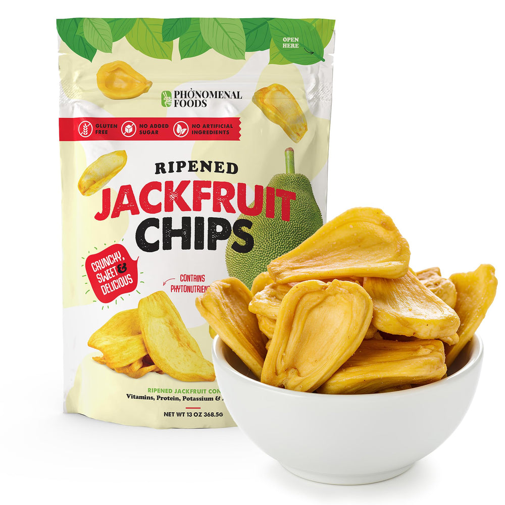 Pho'nomenal Ripened Jackfruit Chips bag shows crispy texture for on-the-go snacking.
