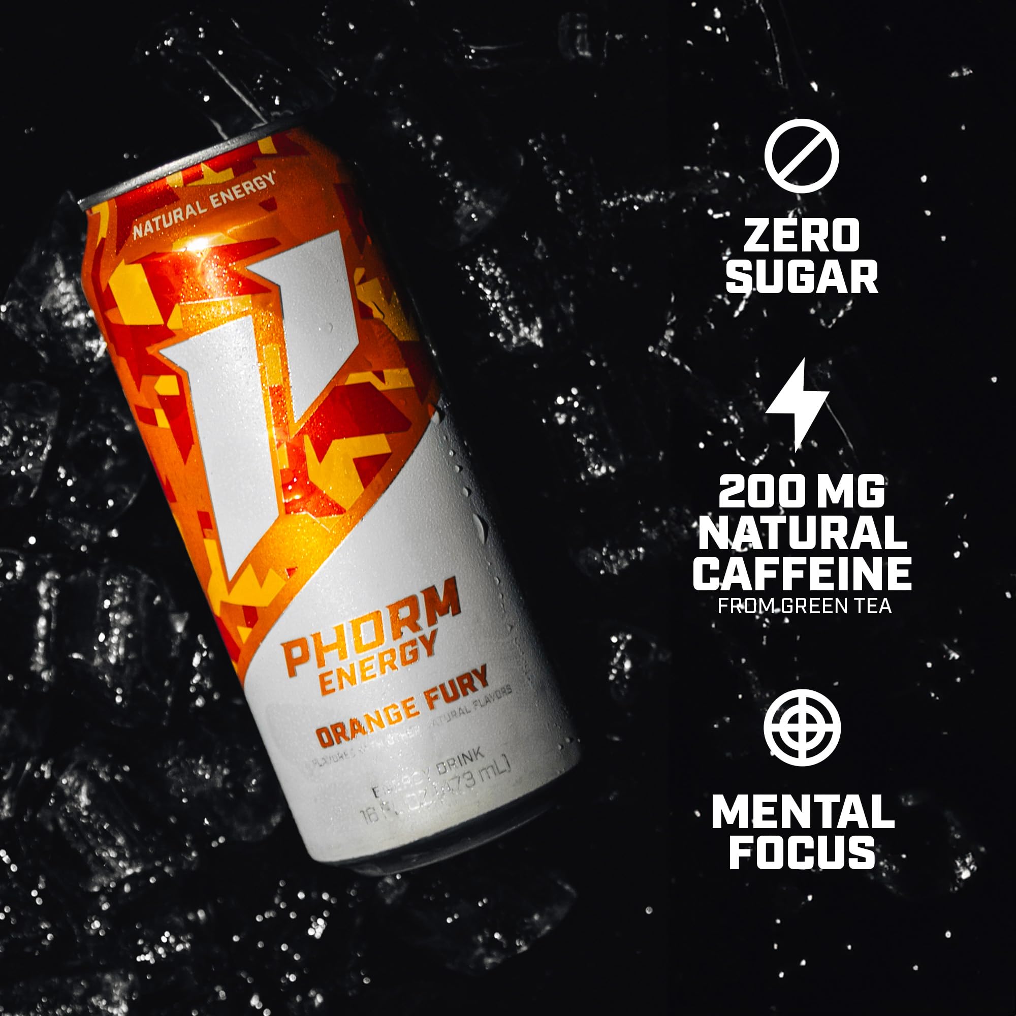 PHORM ENERGY Orange Fury highlighting natural caffeine from green tea
