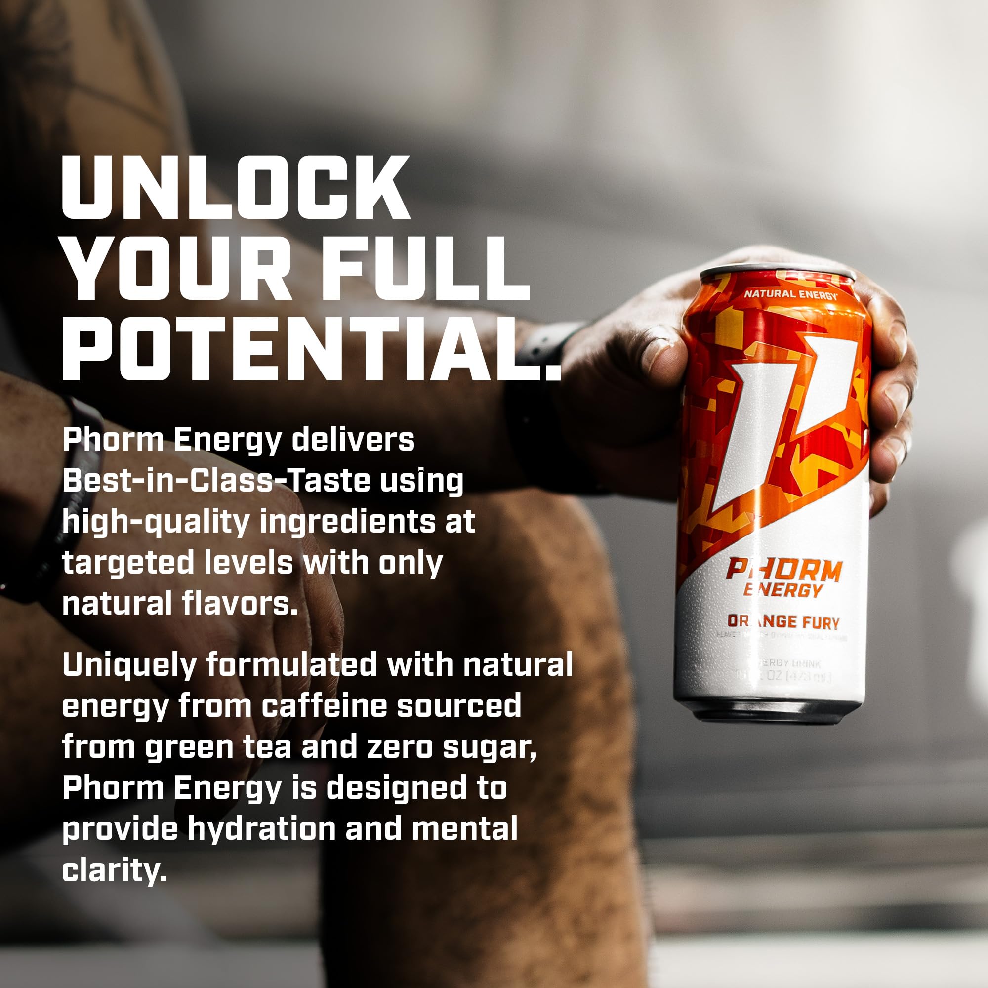 PHORM ENERGY Orange Fury being poured into a glass for refreshing fizz