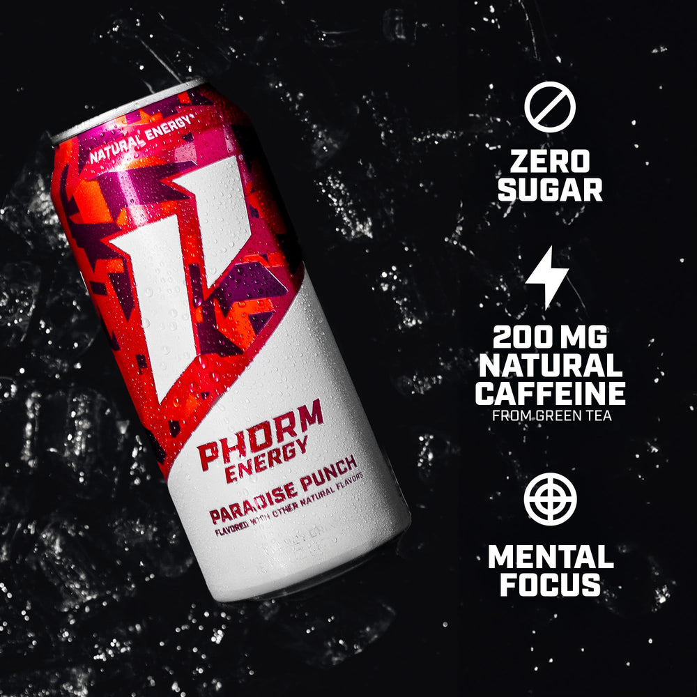 PHORM ENERGY Paradise Punch ingredients graphic highlights NeuroFactor and B vitamins.
