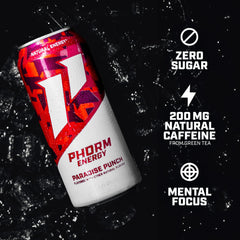 PHORM ENERGY Paradise Punch ingredients graphic highlights NeuroFactor and B vitamins.