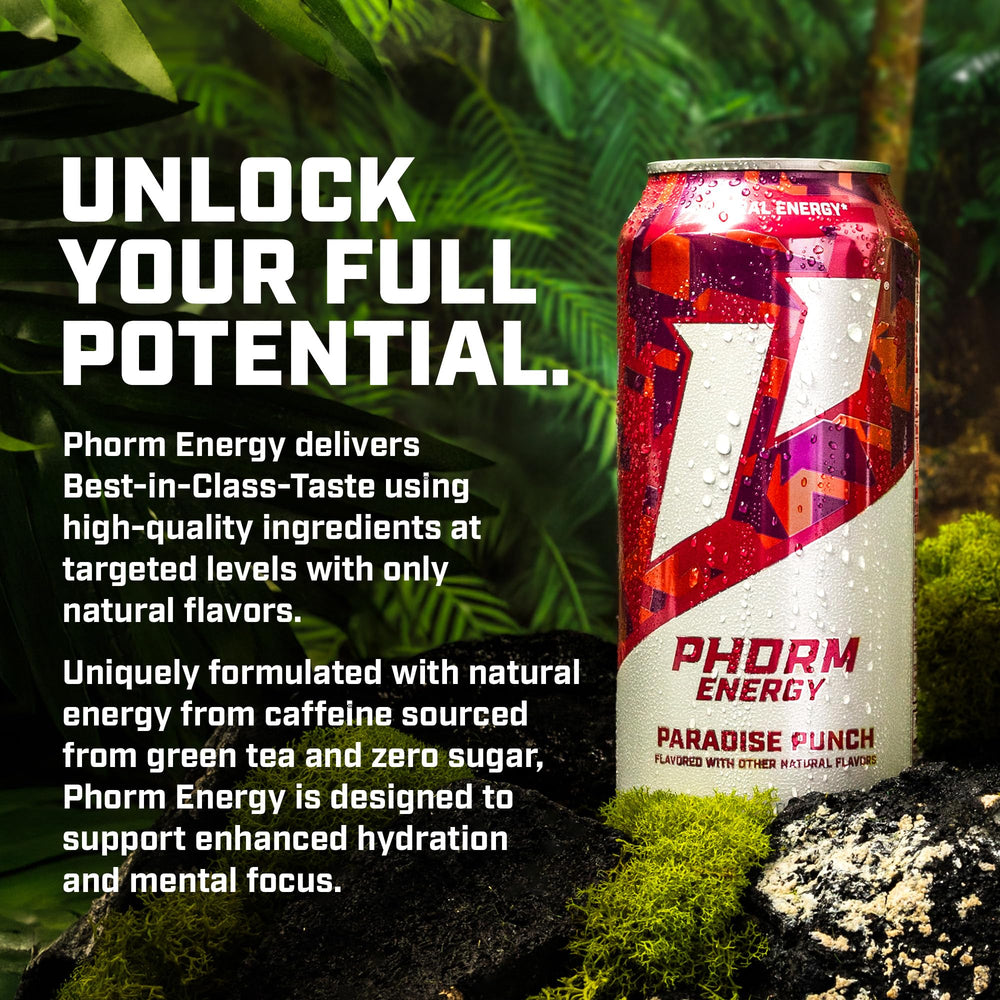 PHORM ENERGY Paradise Punch label closeup highlights zero sugar and vegan ingredients.