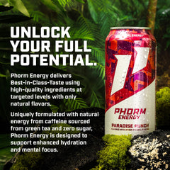 PHORM ENERGY Paradise Punch label closeup highlights zero sugar and vegan ingredients.