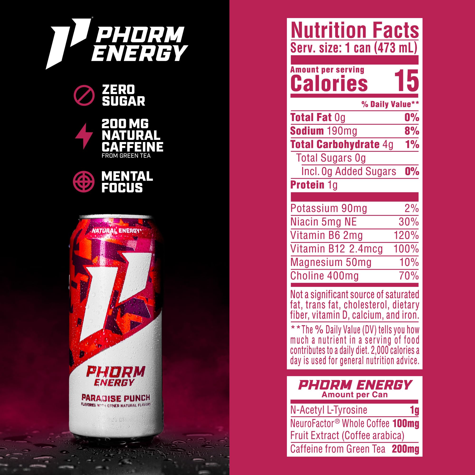 PHORM ENERGY Paradise Punch pour into glass reveals tropical refreshment and steady focus.