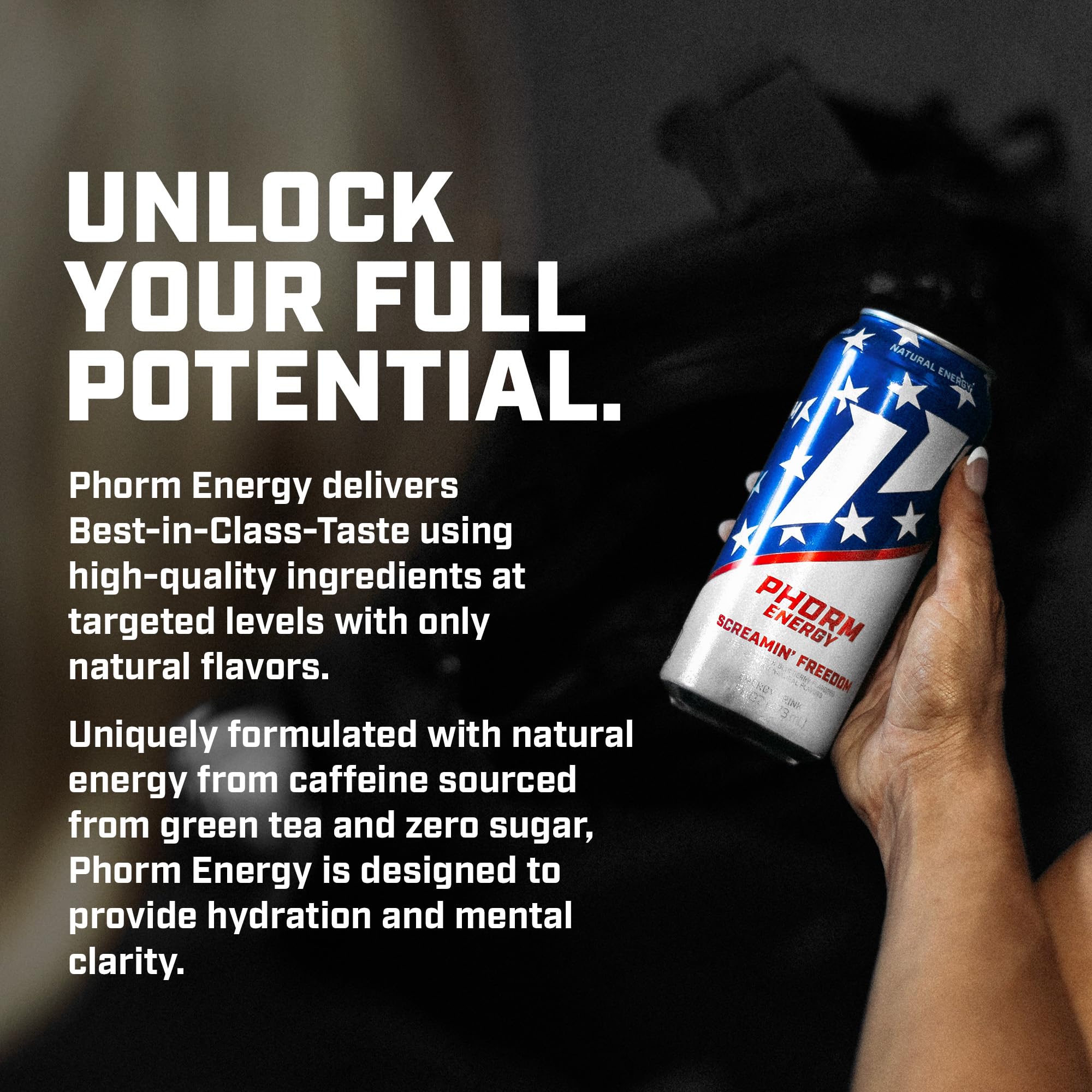 PHORM Energy Screamin’ Freedom label closeup highlighting gluten-free and vegan ingredients