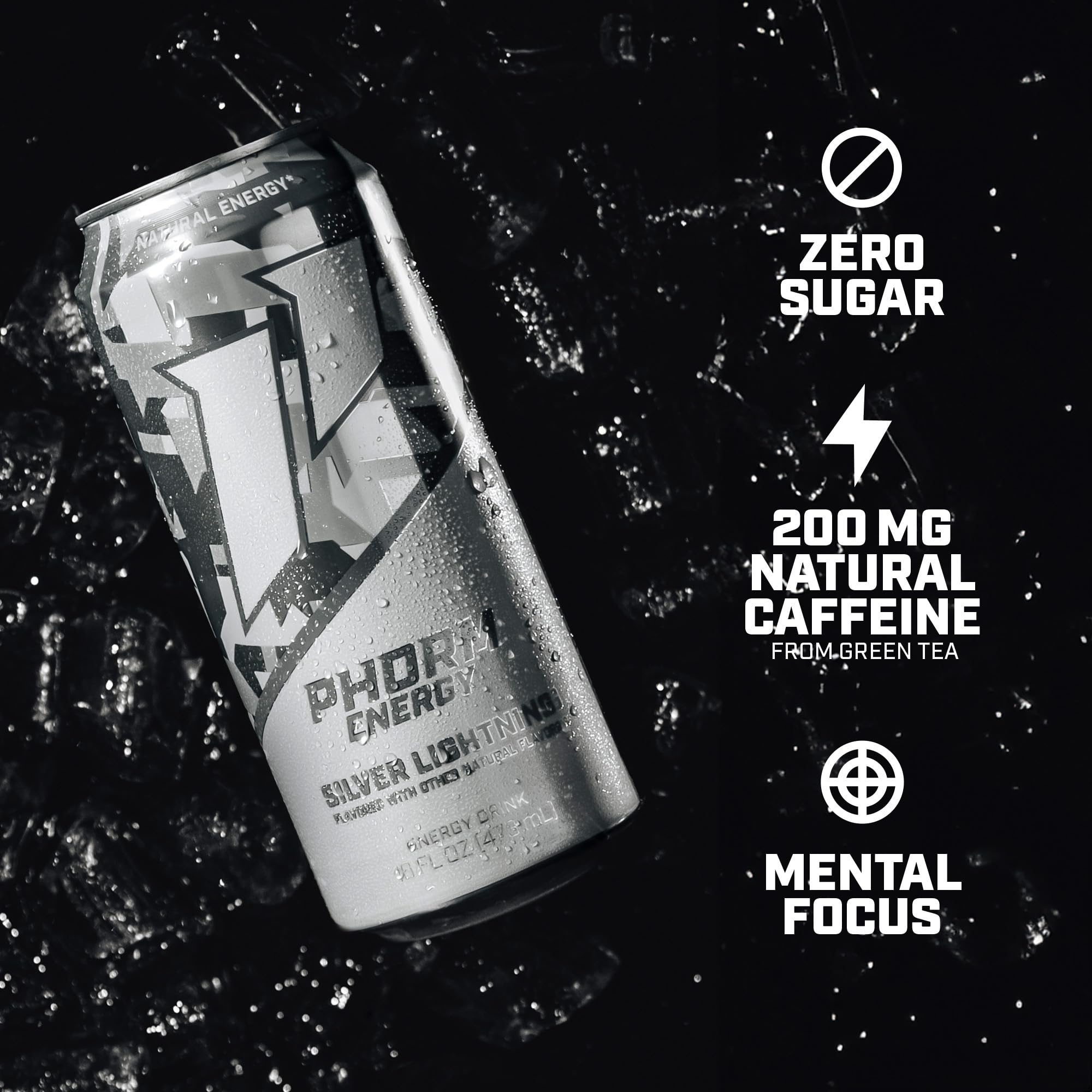 PHORM ENERGY Silver Lightning close-up showing lively carbonation bubbles.