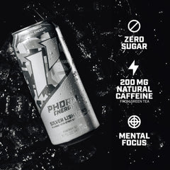 PHORM ENERGY Silver Lightning close-up showing lively carbonation bubbles.