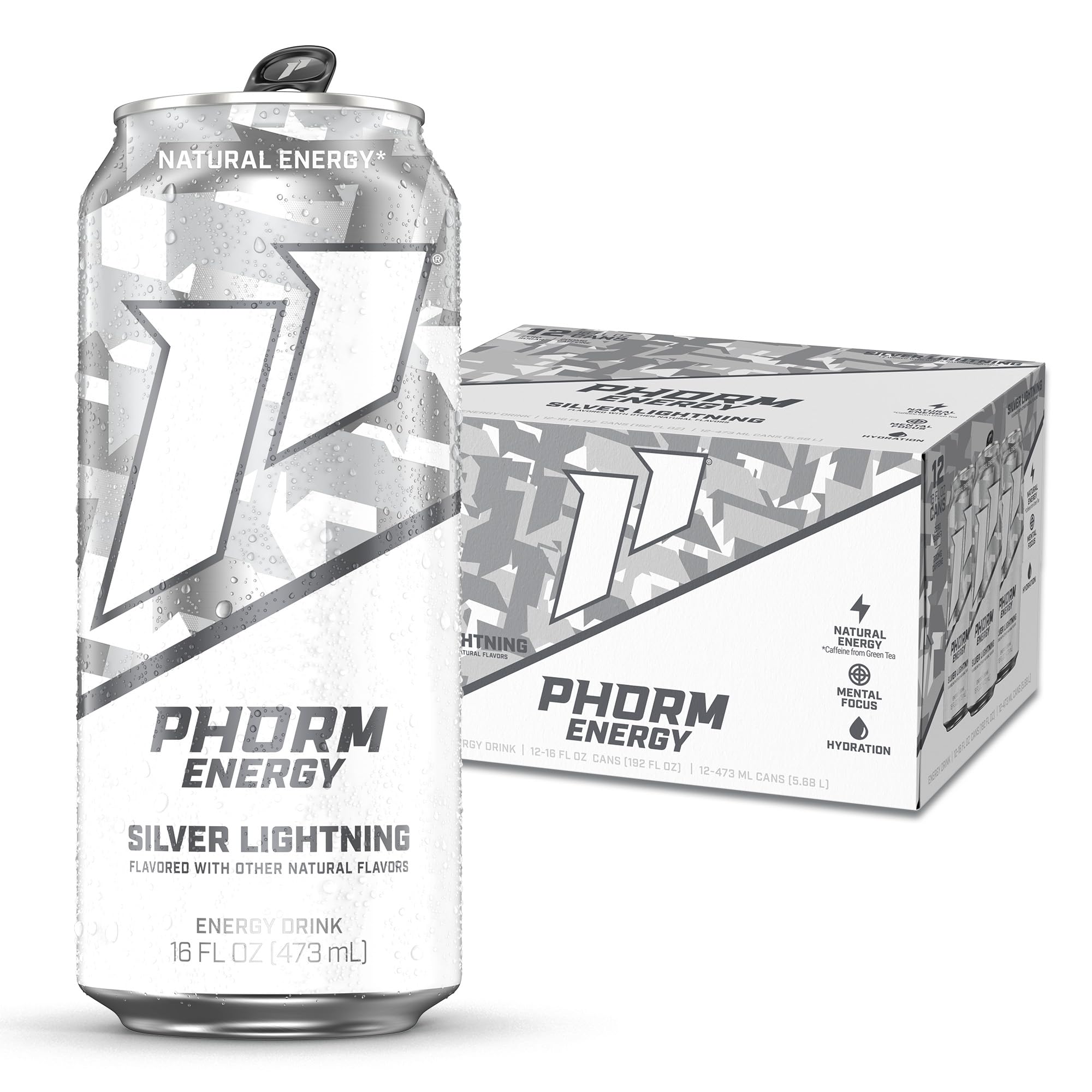 PHORM ENERGY Silver Lightning can front view with crisp sugar-free energy.