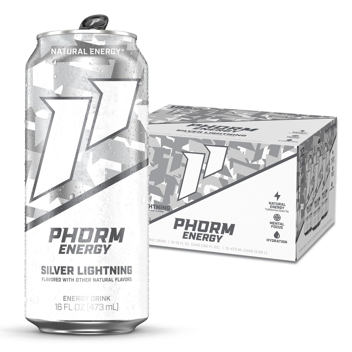 PHORM ENERGY Silver Lightning can front view with crisp sugar-free energy.