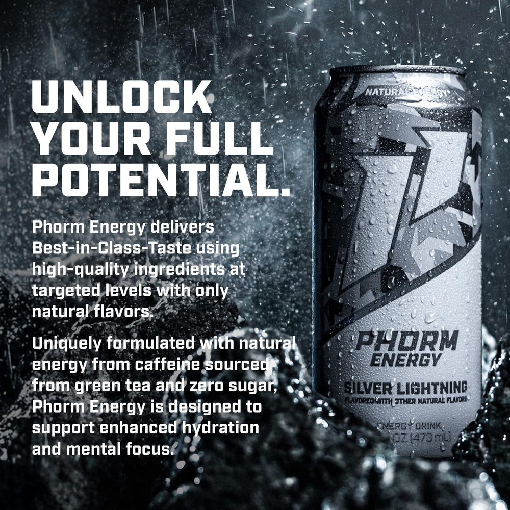 PHORM ENERGY Silver Lightning being poured to reveal fizz and refreshment.