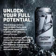 PHORM ENERGY Silver Lightning being poured to reveal fizz and refreshment.