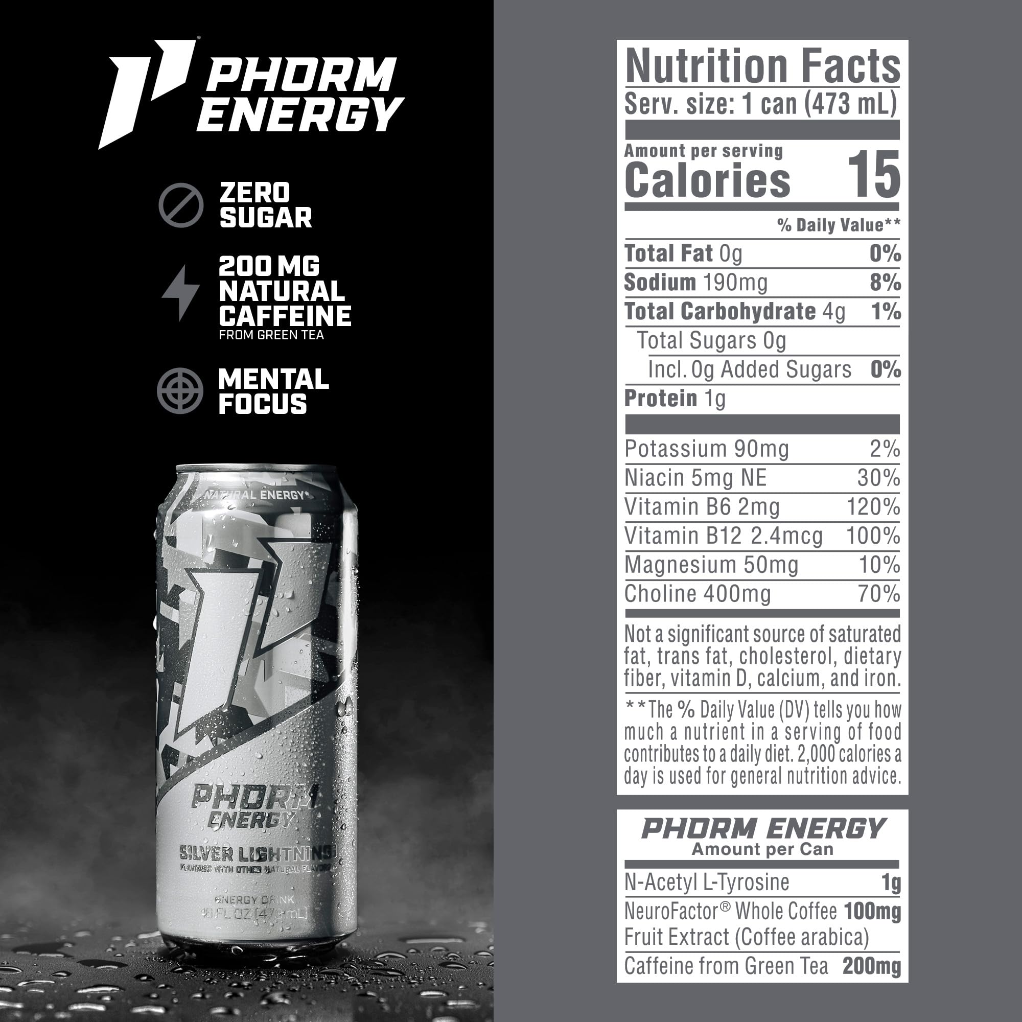PHORM ENERGY Silver Lightning can side view highlighting clean label and ingredients.