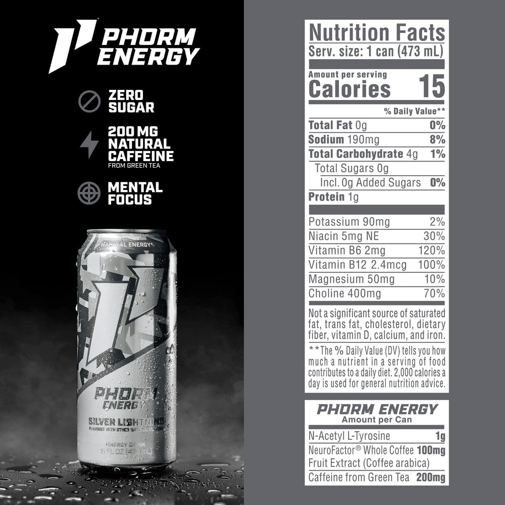 PHORM ENERGY Silver Lightning can side view highlighting clean label and ingredients.
