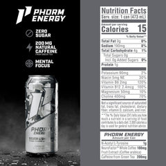 PHORM ENERGY Silver Lightning can side view highlighting clean label and ingredients.