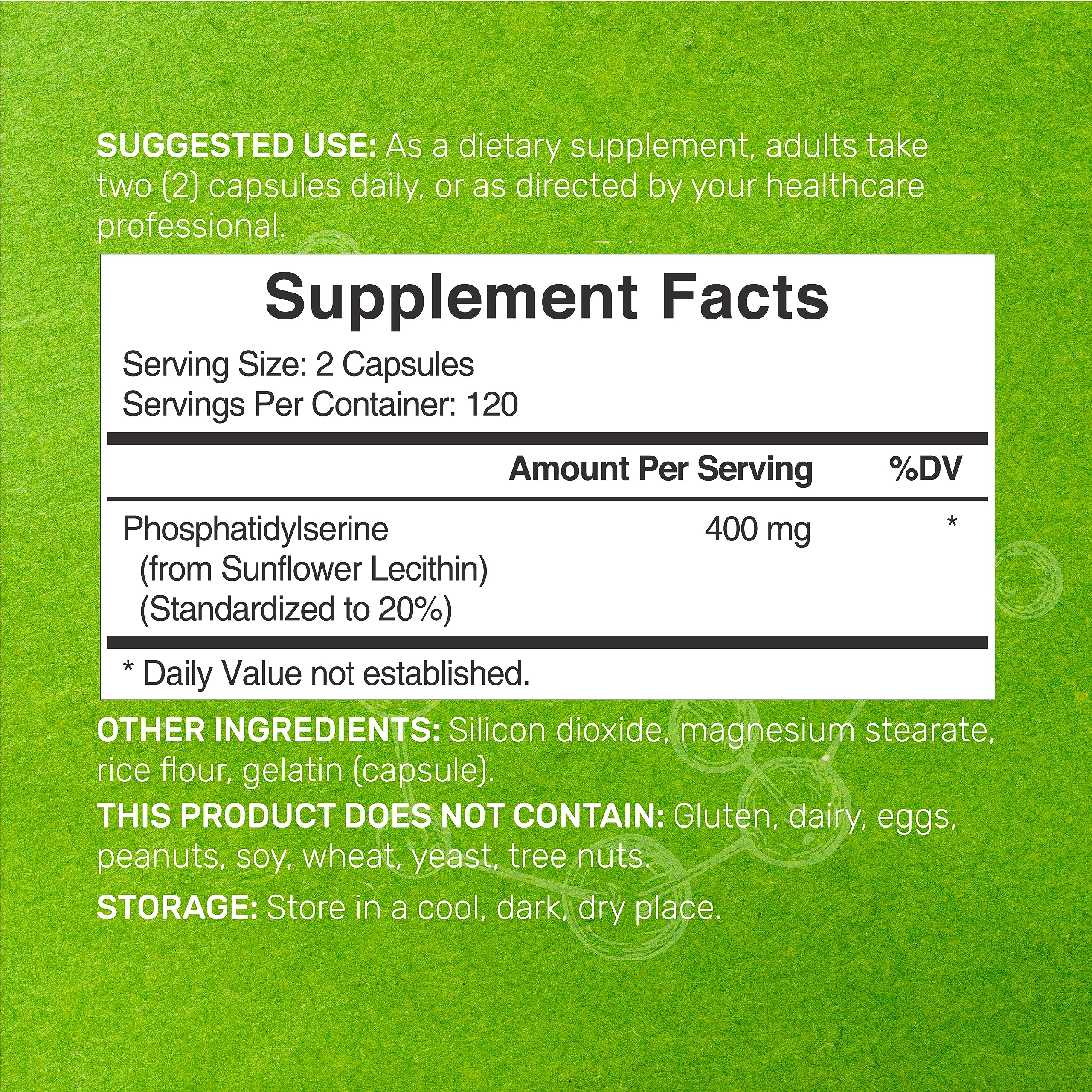 Phosphatidylserine sunflower lecithin capsules closeup: easy-to-swallow, soy-free formula.