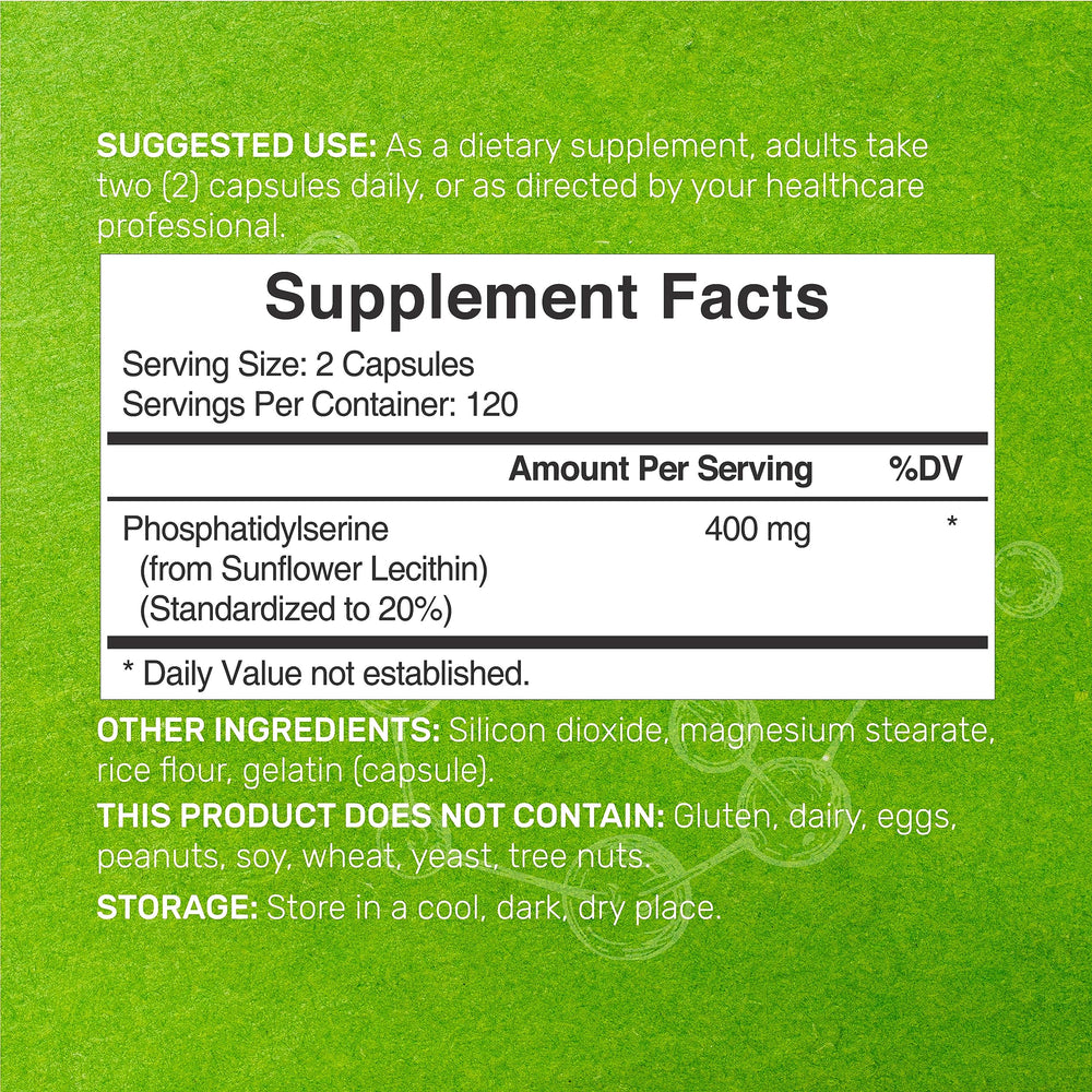 Phosphatidylserine sunflower lecithin capsules closeup: easy-to-swallow, soy-free formula.