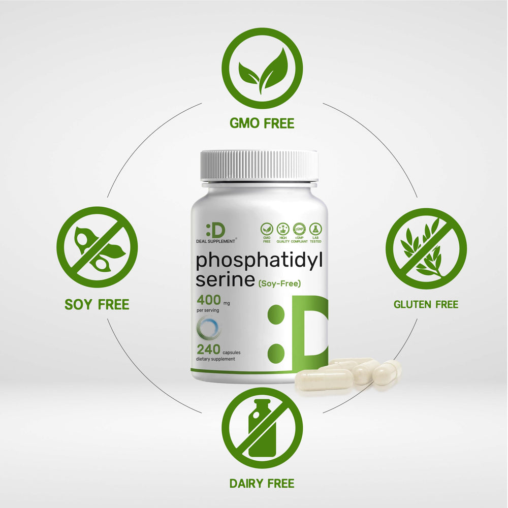 Phosphatidylserine sunflower lecithin label detail: standardized 20% active PS per capsule.