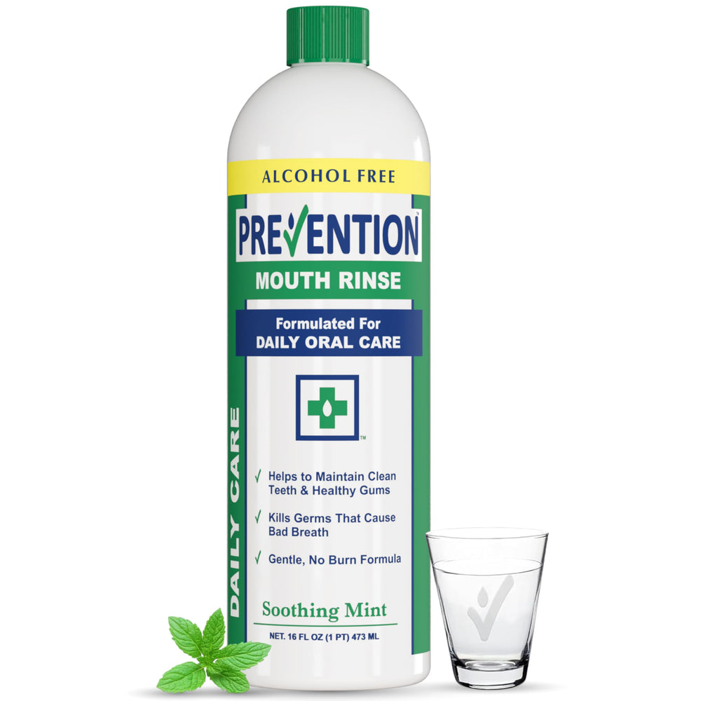 PHS Brands Prevention mouthwash bottle front with alcohol-free formula.